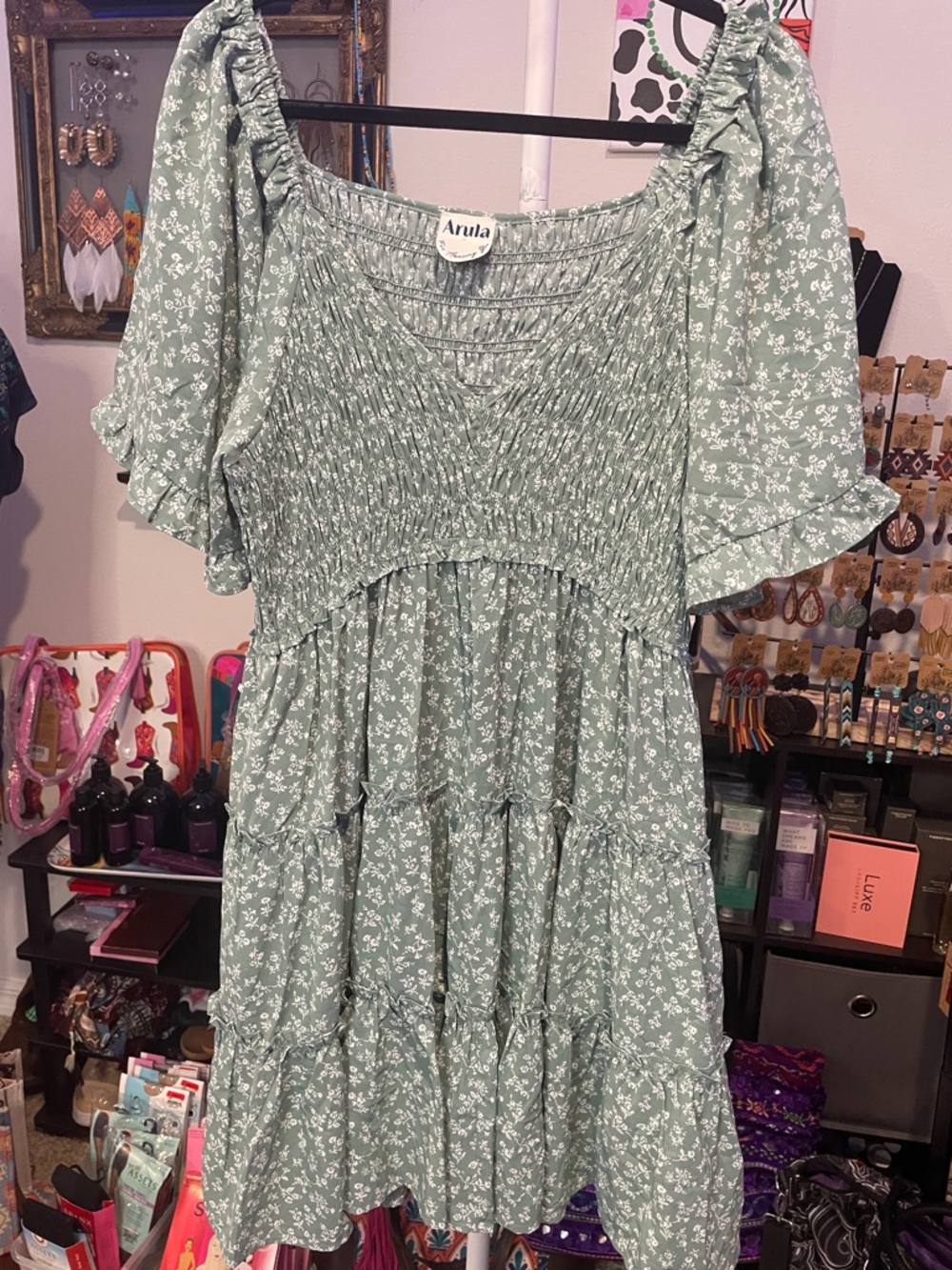 ARULA Sage Green Floral Smocked Tiered Dress